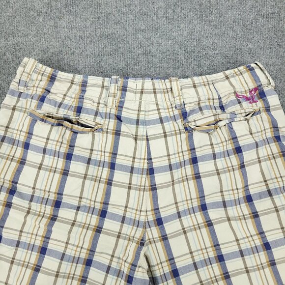American Eagle Shorts Men's Size 36 Beige Plaid Chino Embroidered Logo Pockets - Picture 10 of 16